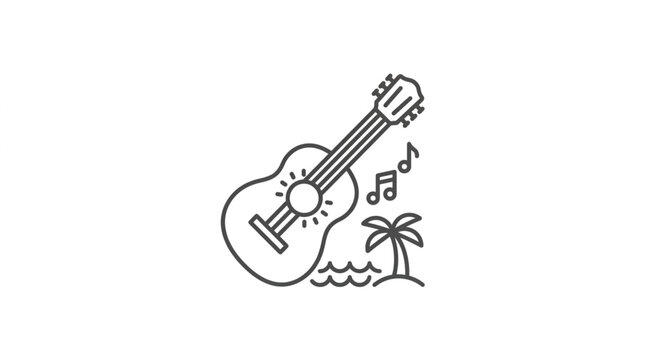 Ukulele icon with palm tree, waves, and music notes on a white background