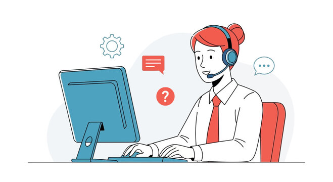 Customer service operator with headset at computer, online support, communication