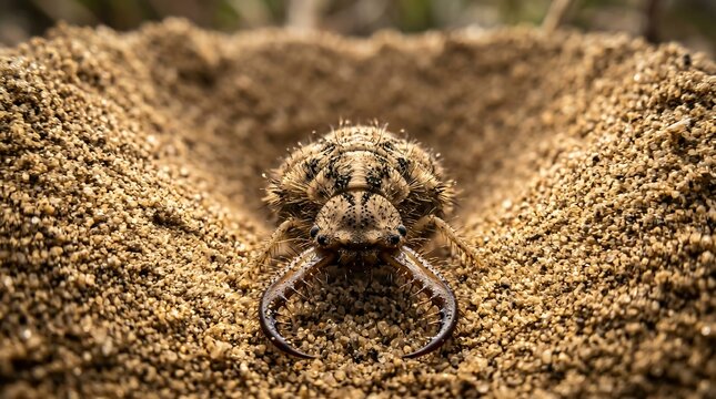Macro Shot of Antlion Larva Predator Waiting in Sandy Pit Trap