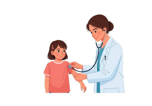 Doctor checking young girl's ear with stethoscope isolated on transparent background