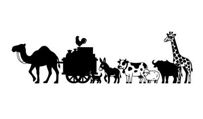 Camel pulling cargo cart with safari and farm animals vector collection isolated on white © Tanjimul