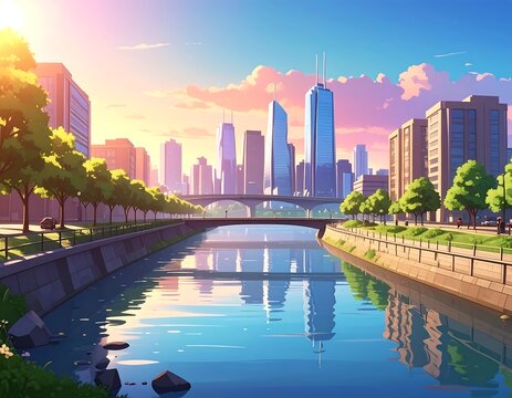 A serene cityscape with a river and bridge (2)