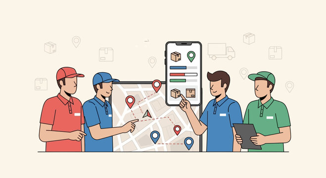 Delivery team planning logistics route on map and app