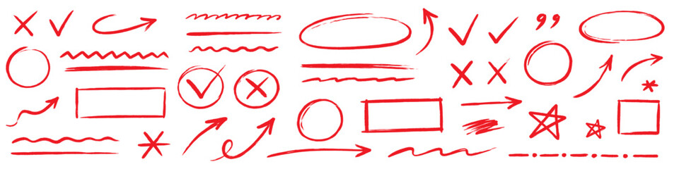 Naklejka na ściany i meble Line arrow hand drawn crayon set. Hand drawn line arrow crayon chalk paint red brush texture underline. Check doodle star curve squiggle zigzag graffiti blackboard background. Vector illustration