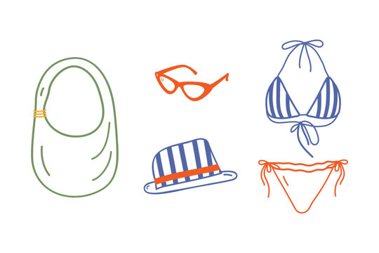 Minimalist summer icon set with bikini, sunglasses, beach bag and striped hat in modern outline style. Vector illustration suitable for branding, stickers, logo design, fashion packaging and promo