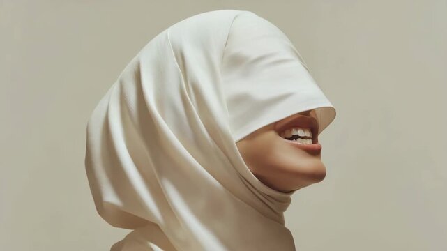 A woman in a white hijab appears to express a powerful emotion, with her mouth open in a yell. The background is simple, enhancing the focus on her expression and attire.