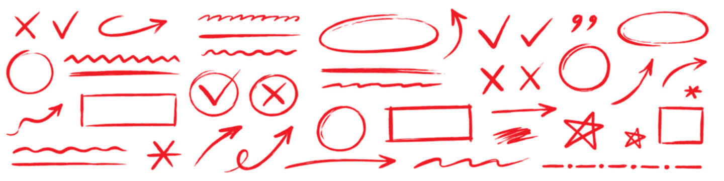 Line arrow hand drawn crayon set. Hand drawn line arrow crayon chalk paint red brush texture underline. Check doodle star curve squiggle zigzag graffiti blackboard background. Vector illustration