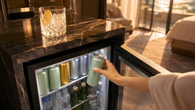 Woman selecting a cold beverage can from a luxury hotel room minibar