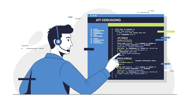 Developer debugging API code on computer screen with headset