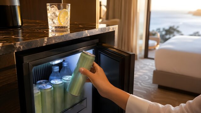 Hand reaching for a cold beverage can from a luxury resort hotel minibar