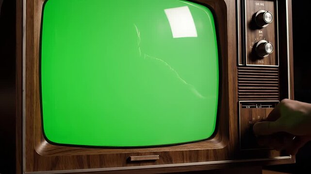 Vintage Television Set with Static and Green Screen Display.