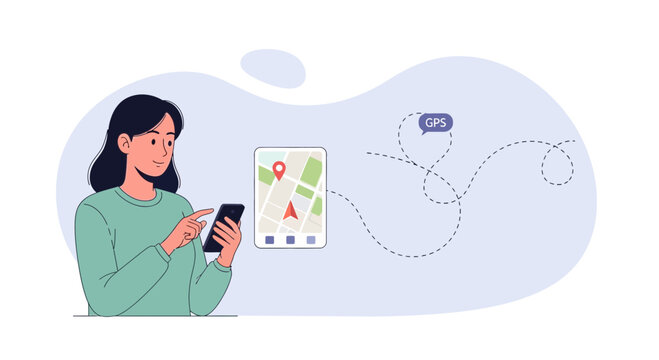Woman using smartphone navigation app with GPS map and route on screen