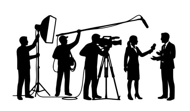 TV News Crew Silhouette with Reporter Interviewing a Businessman, Camera Operator, and Lighting Assistant on Set