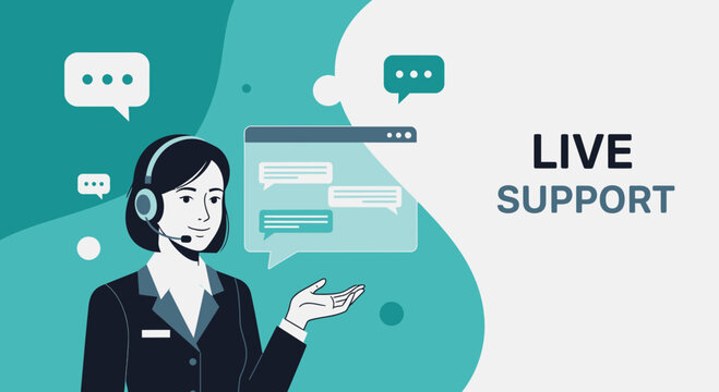 Woman with headset, live chat support, communication, customer service, business assistance