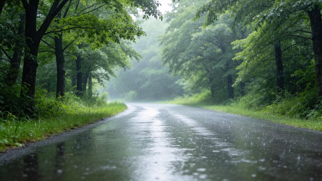 Wet road in forest during rain