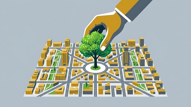 Hand placing a green tree into a miniature urban city model