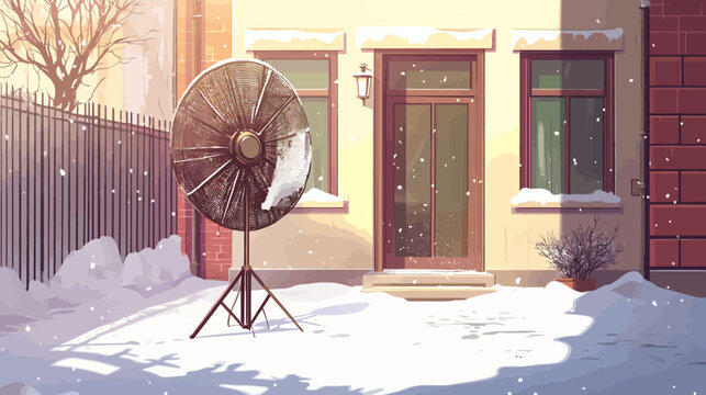 Snow-covered backyard scene with studio light and house entrance