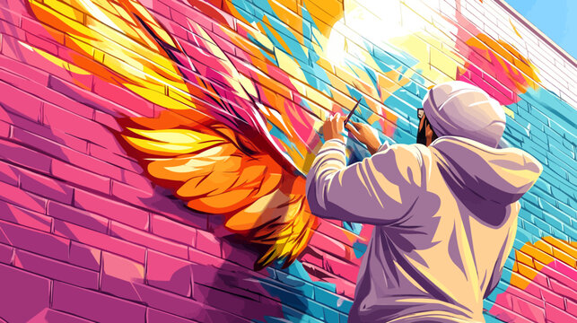 Street artist creating colorful mural with wings on brick wall