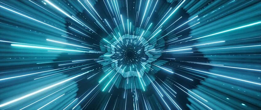 Futuristic light streak infinite neon abstract motion speed tunnel blue energy glow cosmic space vortex dynamic radial line sci fi background digital warp data stream high tech pattern