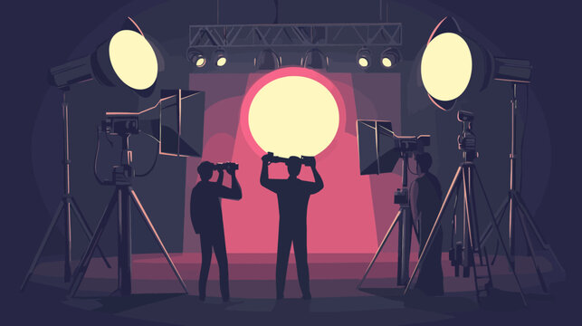 Illustration of a photography studio with three silhouetted people preparing lights and backdrop
