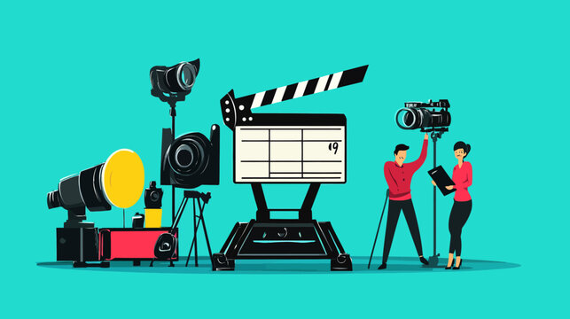Illustration of a film set with cameras, lighting, and crew members