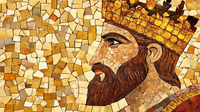 Detailed mosaic portrait of a regal figure wearing a ornate crown