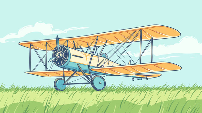 Vintage biplane airplane with wooden wings on grassy field under cloudy sky