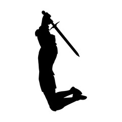 Fototapeta premium Medieval knight male warrior holding sword, isolated on white background. Hero wearing armor. Knight silhouette. For symbol, logo, web icon, mascot and game elements. Protection and security.