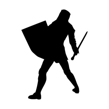 Medieval knight male warrior holding sword, shield isolated on white background. Hero wearing armor. Knight silhouette. For symbol, logo, web icon, mascot and game elements. Protection and security.