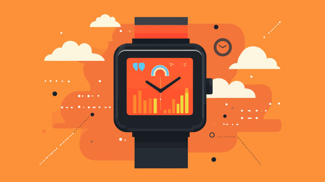 Vibrant digital illustration of a smartwatch displaying activity stats on an orange background