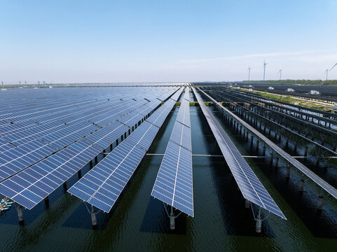 Aerial view of floating solar photovoltaic power panels array in Nantong water