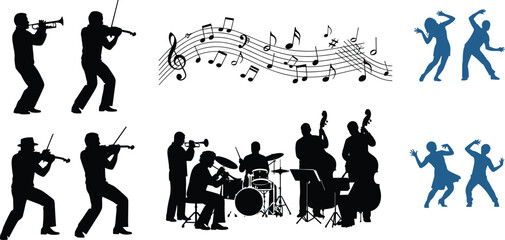 Jazz Music and Dance Silhouette Collection with Musicians Musical Notes Band Performance and Party Dancers © Mim