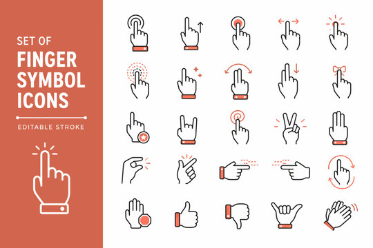 Modern vector line icons illustrating various finger and hand gestures for interactive digital interfaces and technology applications.