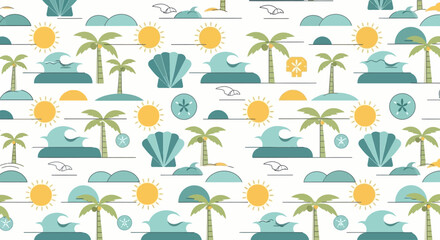 Seamless Summer Beach Pattern with Palm Trees and Waves © Romadon