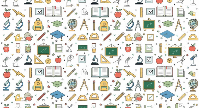 Seamless Pattern of Educational School Supplies and Science Icons