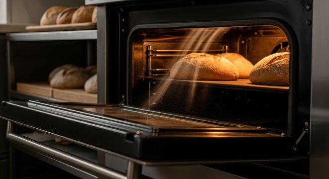 Warm loaves of bread baking in the glowing interior of a vintage oven, highlighting a classic culinary scene.