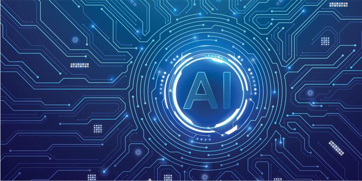 Abstract digital illustration of artificial intelligence concept with glowing circuitry and AI text