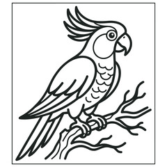 Fototapeta premium Parrot bird sitting on tree branch, vector illustration in outline style.