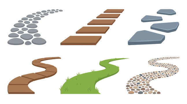 Diverse collection of garden pathway vector illustrations featuring stone pavers and winding grassy routes for landscape design and outdoor projects
