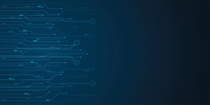 Abstract digital circuit board pattern with glowing blue lines and nodes on a dark background