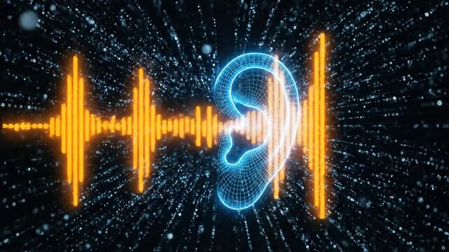 Abstract illustration of audio wave and human ear symbol on black background