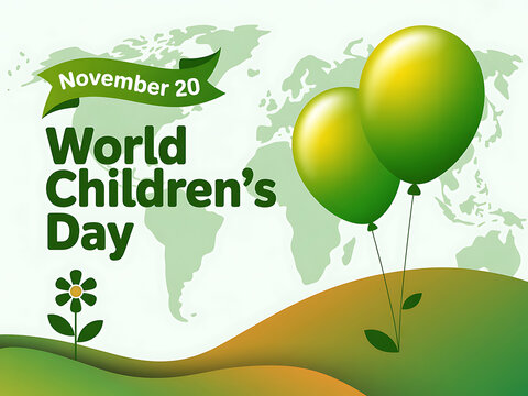World childrens day illustration with green balloons and map in background celebrating kids globally on november 20th