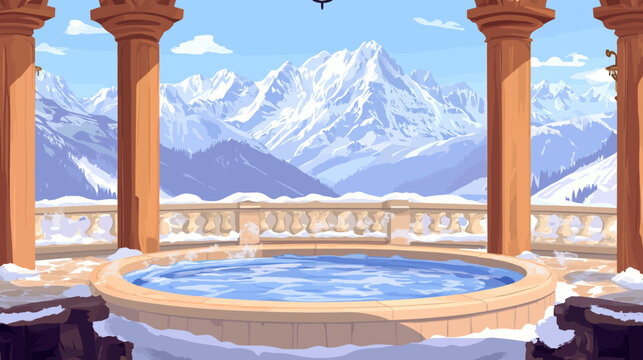 Scenic snowy mountain view with a hot tub and classical columns