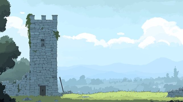 A tall stone tower with battlements among green landscape and cloudy sky