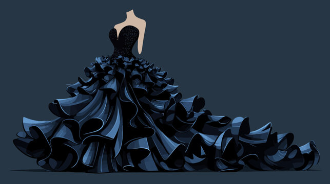 Elegant dark blue gown with a fitted bodice and cascading ruffles