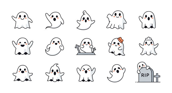 A delightful collection of adorable cartoon ghost characters showcasing various playful expressions and friendly poses, perfect for seasonal designs and spooky fun projects