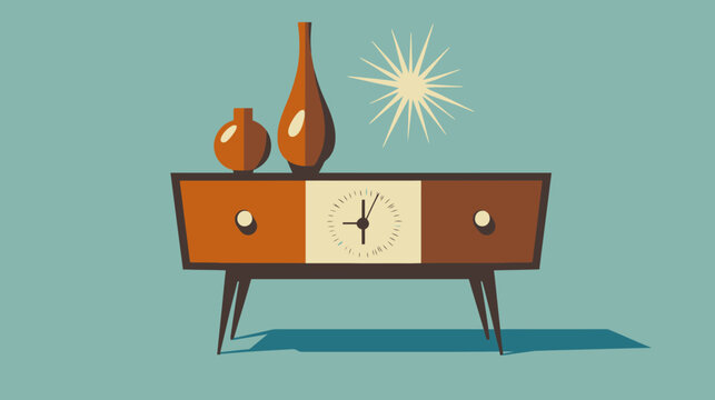 Retro mid-century modern wooden sideboard with decorative vases and starburst
