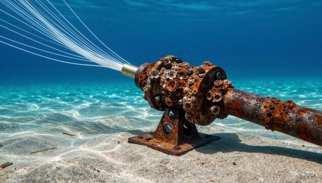 Underwater fiber optic cable connector on sandy ocean floor with barnacles and data cables extending into deep blue water for global internet infrastructure concept
