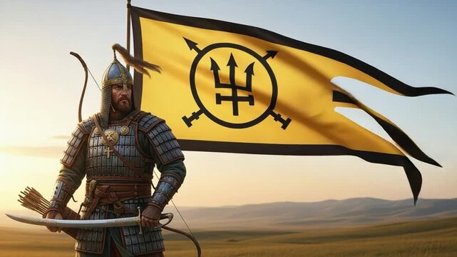 Central Asian Warrior with Traditional Armor and Trident Flag, Medieval Steppe Nomad Soldier Holding Sword, Historical Fantasy Concept Art for Strategy Games