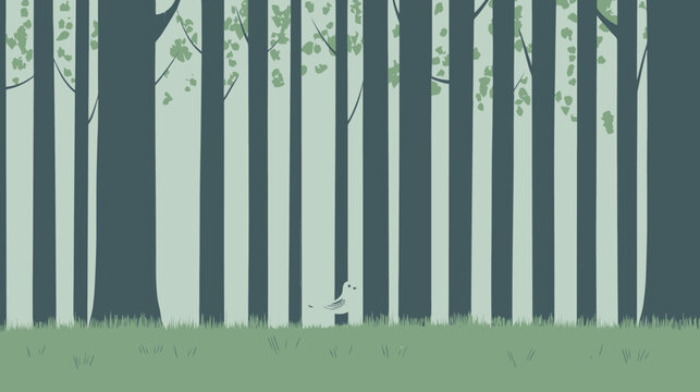Digital illustration of a tranquil forest scene with tall trees